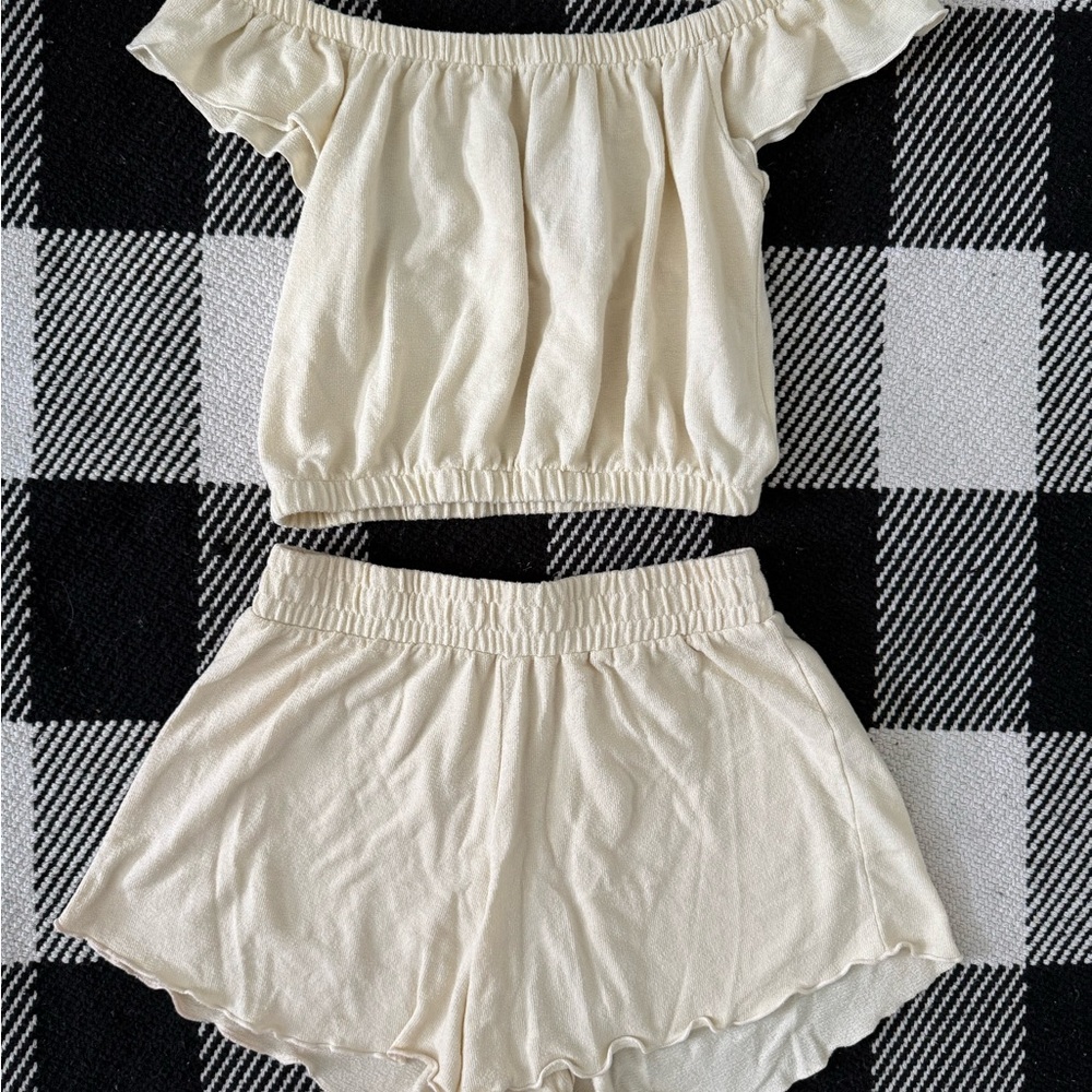 Cream Off-Shoulder Top and Shorts Set